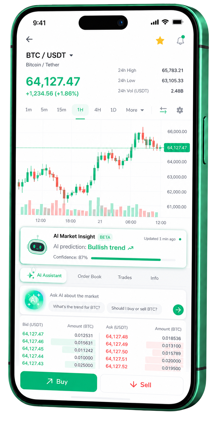 Aplicación móvil de trading de Trino Caudalecto ejecutándose en un teléfono inteligente